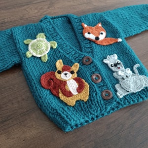 Kids Sweater With Turtle, Squirrel, Kangaroo And Fox Motifs, Animal Sweater, Crochet Baby Cardigan
