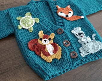 Pull pour enfant à motifs tortue, écureuil, kangourou et renard, pull animal pour enfant, pull au crochet pour bébé, pull unique au crochet