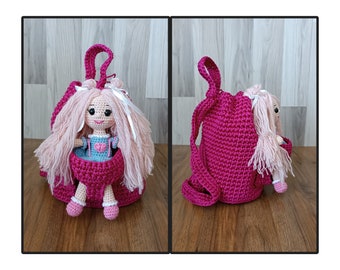 sac à dos de poche au crochet à vendre, sac à dos tricoté pour poupée avec poupée pour filles, sac à dos rose fait main pour tout-petit, sac à dos bio pour chambre d'enfant