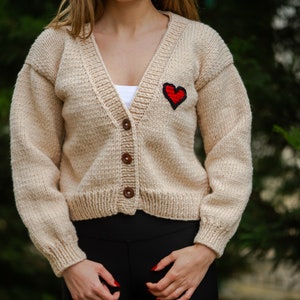Red heart embroidered women's sweater for sale, knitted woman cardigan, chunky knit sweater, crochet crop cardigan, handmade knitted sweater image 4