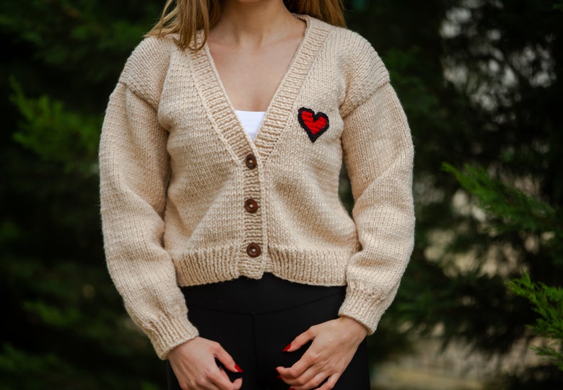 Red heart embroidered women's sweater for sale, knitted woman cardigan, chunky knit sweater, crochet crop cardigan, handmade knitted sweater image 4