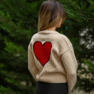 Red heart embroidered women's sweater for sale, knitted woman cardigan, chunky knit sweater, crochet crop cardigan, handmade knitted sweater image 1