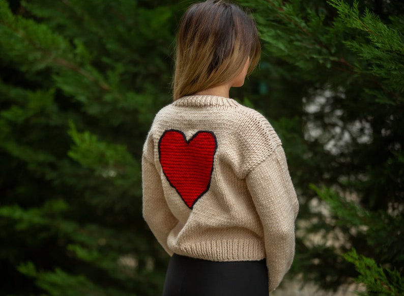 Red heart embroidered women's sweater for sale, knitted woman cardigan, chunky knit sweater, crochet crop cardigan, handmade knitted sweater image 1
