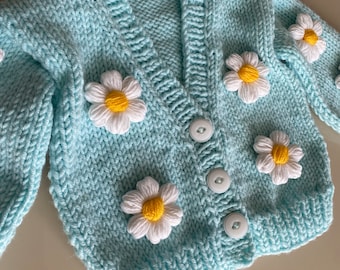 Crochet Floral Blue Baby Cardigan, 3D Daisy Sweater