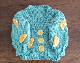 Crochet lemon baby girl cardigan for sale, knit lemon cardigan for kids, crochet lemon sweater for baby, wool cardigan for toddler