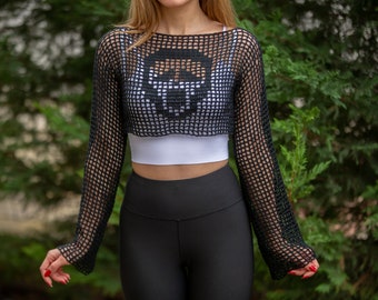 Skull Embroidered Mesh Top For Sale, Gothic Tops, Black Mesh Skull Top, Y2K Tops, Perforated Knit Top, Goth Clothes For Women