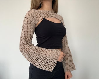 Haut court au crochet avec manches résille, haut court en tricot de l