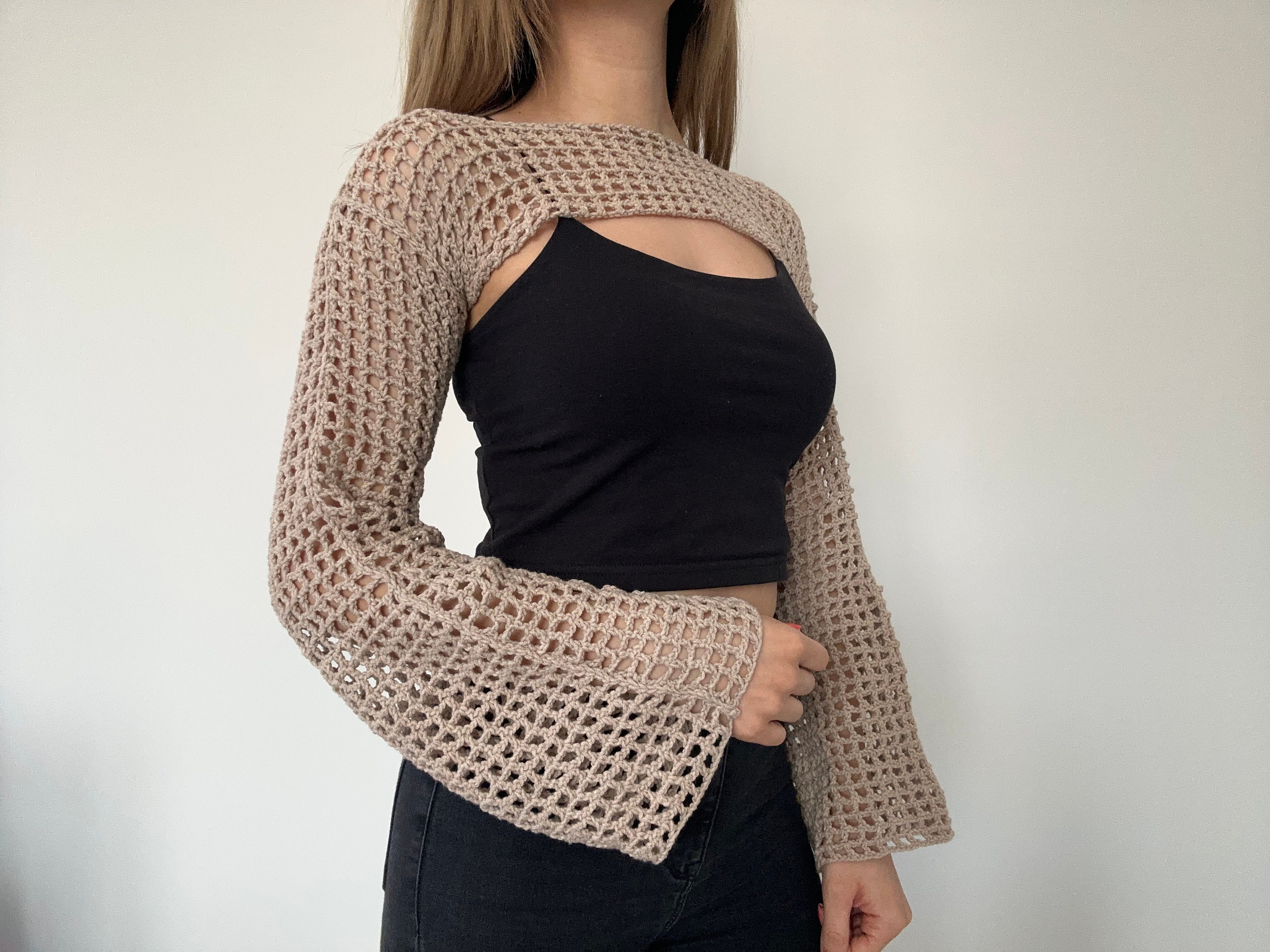 Crochet Fishnet Sleeves Crop Top, Y2k Knitted Crop Top, Long Crochet Fishnet Sleeves Crop Top, Y2k Knitted Crop Top, Long