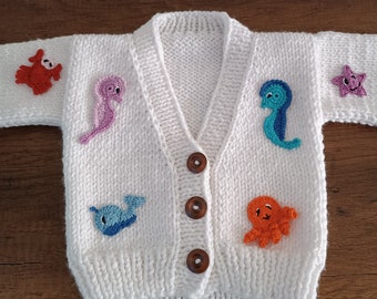 sea animals sweater for sale, knitted cardigan for toddler, embroidered cardigan, crochet button up sweater, winter sweater for kids