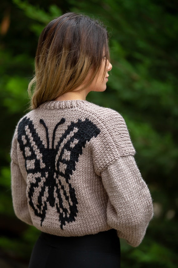 Hand Knit Butterfly Cardigan, Butterfly Embroidered Women's
