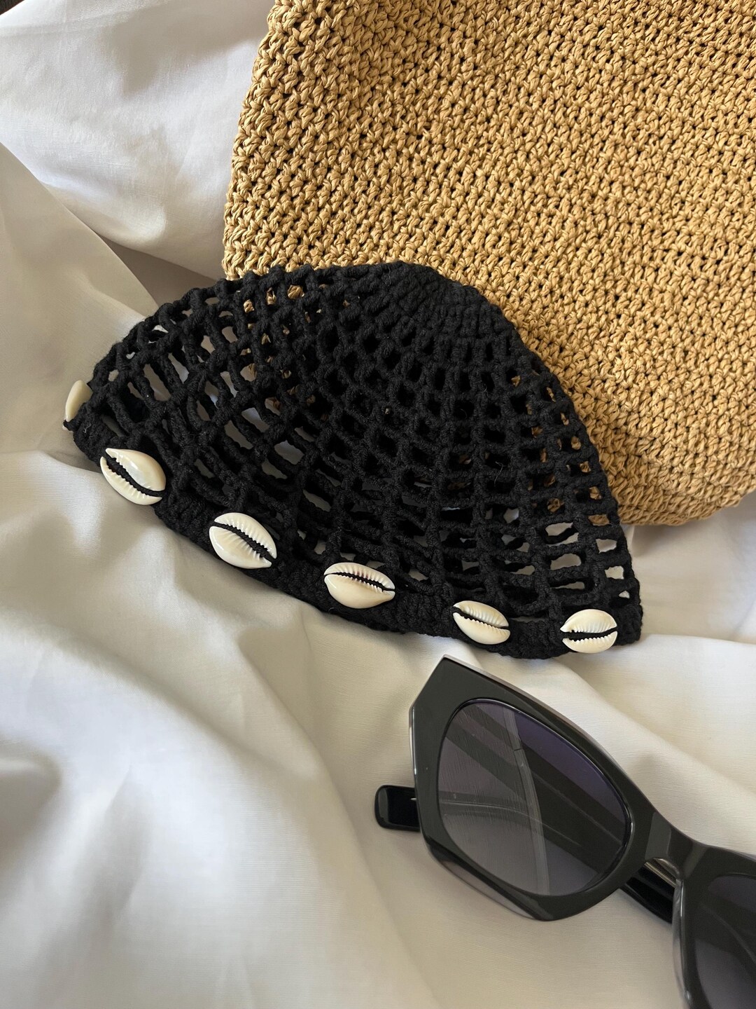 Crochet Black Mesh Hat, Fishnet Skull Cap, Summer Beanie, Seashell ...
