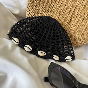 Crochet Black Mesh Hat, Mesh Beanie, Handmade Cap, Summer Beanie, Seashell Beaded Knitted Beanie, Fishnet Beanie
