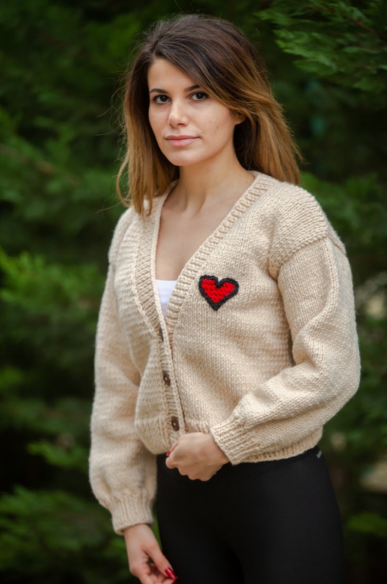 Red heart embroidered women's sweater for sale, knitted woman cardigan, chunky knit sweater, crochet crop cardigan, handmade knitted sweater image 5