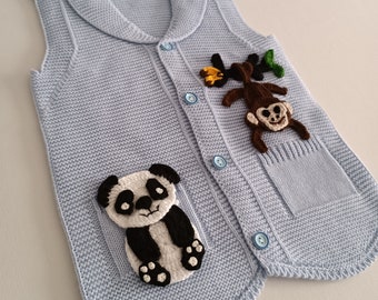 Children’s Vest With Panda And Monkey Motifs, Specially Designed Kids Clothes, Cute And Eye-Catching Kids Vest, Blue Sweater Vest