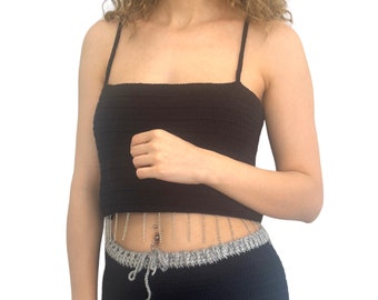 Strappy Knit Top, Chain Detail Knit Crop Top, Gothic Top, Style Women’s Top, Goth Crochet Top For Women, Black Crop Top, Crochet Summer Top