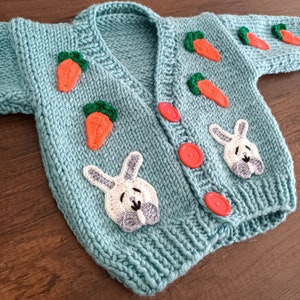 Crochet rabbit and carrot motif childrens cardigan for sale, knitted chunky baby cardigan, hand knit sweater for toddler image 3