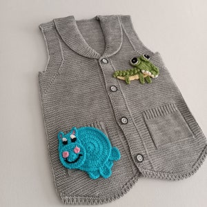 Kids Vest With Hippo And Crocodile Embroidery, Gray Kids Sweater Vest, Sweater Vests For Animal Loving Children