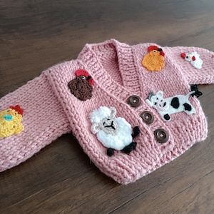 farm animals sweater for sale, sweater with sheep, cow, rooster, chicken and chick motifs, farm animals cardigan for kids, hand knit sweater