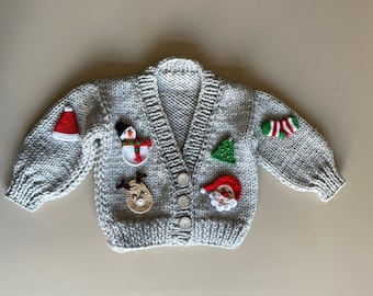 Crochet Christmas cardigan for baby, cardigan with pine tree and Santa Claus motif, knit cardigan for sale, Christmas sweater for kids