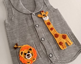 Children’s Vest With Giraffe And Lion Motifs, Baby And Child Vest, Baby Vest Embroidered With Forest Animals, Unique Vest For Kids