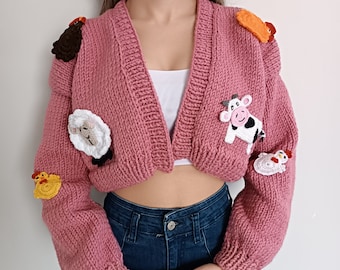 Farm Animals Cardigan, 3D Animals Embroidered Sweater