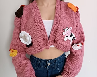 Farm Animals Cardigan For Women, Crochet Sweater With Cow, Sheep, Rooster, Chicken And Chick Motifs, 3D Animals Embroidered Sweater