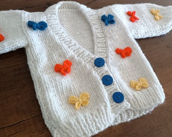 Hand knit colorful bow cardigan for sale, crochet bow motif cardigan for toddler, bow baby cardigan, knitted bow kids sweater