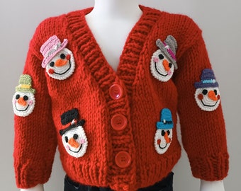 Cardigan pour enfants avec motif de bonhomme de neige, pull rouge pour bébé au crochet à vendre, cardigan épais, pull en tricot à la main pour tout-petit