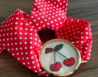 Cherry Embroidered Bracelet, Hand Embroidered Bracelet, Cute Handmade Bracelet, Unique Cherry Embroidered Bracelet, Embroidered Jewelry