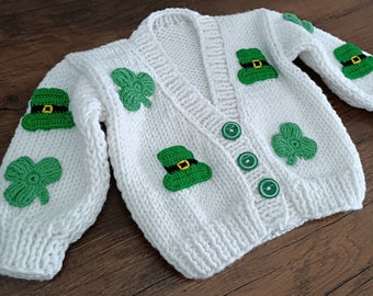 St Patricks Day Sweater For Kids, Saint Patricks Day Cardigan For Toddler, St Patricks Day Baby Clothes, Kids  Sweater With Clover Motif