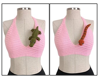 Detachable Crocodile And Snake Applique Crop, Stylish Top With İnterchangeable Crocodile And Snake Appliques, Unique Knit Halter Top