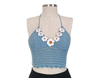 Removable Colorful Flower And White Daisy Motif Top, Crochet Summer Crop Top