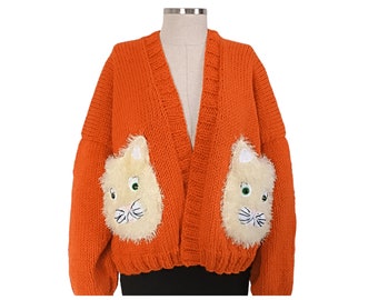 Oversize Cardigan With Fluffy Cat Pockets, Knit Cat Pocket Detailed Sweater