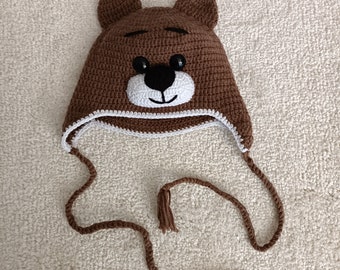 Brown teddy bear hat with earflaps, crochet bear beanie for sale, knitted bear hat for baby, winter beanie for children