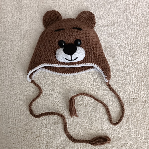 Brown teddy bear hat with earflaps, crochet bear beanie for sale, knitted bear hat for baby, winter beanie for children