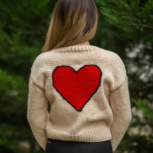 Red heart embroidered women's sweater for sale, knitted woman cardigan, chunky knit sweater, crochet crop cardigan, handmade knitted sweater image 2