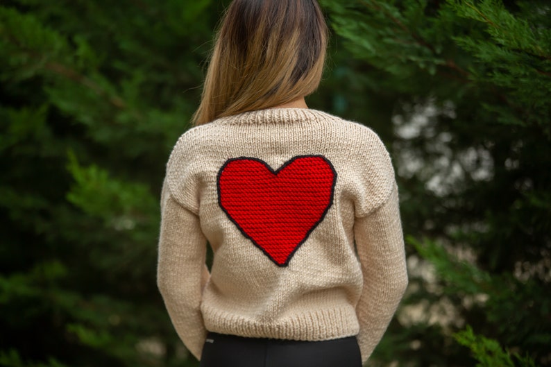 Red heart embroidered women's sweater for sale, knitted woman cardigan, chunky knit sweater, crochet crop cardigan, handmade knitted sweater image 2