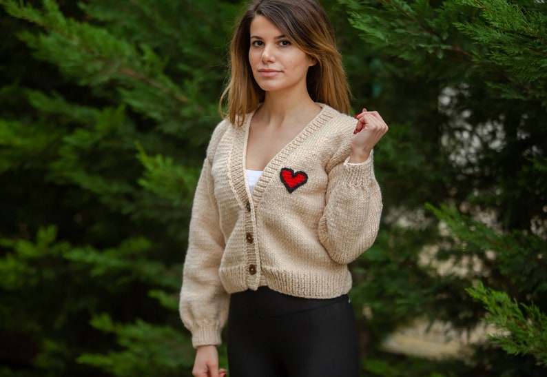 Red heart embroidered women's sweater for sale, knitted woman cardigan, chunky knit sweater, crochet crop cardigan, handmade knitted sweater image 3