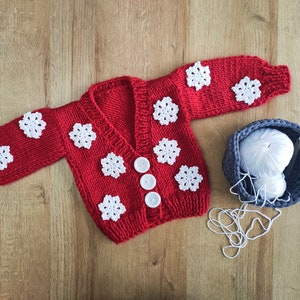 Crochet snowflake motif cardigan for sale, knitted christmas red cardigan for baby, hand knit winter sweater for toddler