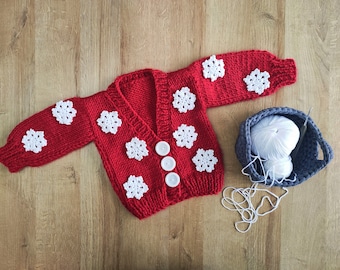 Crochet snowflake motif cardigan for sale, knitted christmas red cardigan for baby, hand knit winter sweater for toddler