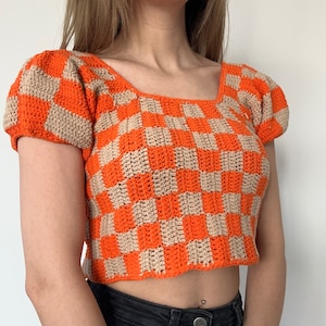 Orange-Beige Colored Checkered Crop Top, Checkerboard Top, Crochet Checker Crop Top, Crochet Checkered Top, Y2k Style, Crochet Gingham Top