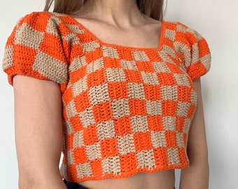 Orange-Beige Colored Checkered Crop Top, Checkerboard Top, Crochet Checker Crop Top, Crochet Checkered Top, Y2k Style, Crochet Gingham Top