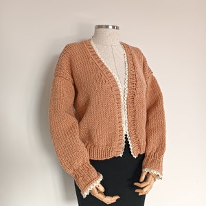 Vintage Cotton Lace Detailed Women’s Cardigan, Caramel Color Knitted Princess Cardigan, Cute And Stylish Handmade Women’s Cardigan