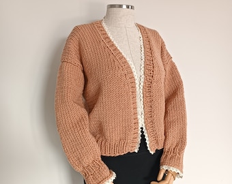Vintage Cotton Lace Detailed Women’s Cardigan, Caramel Color Knitted Sweater