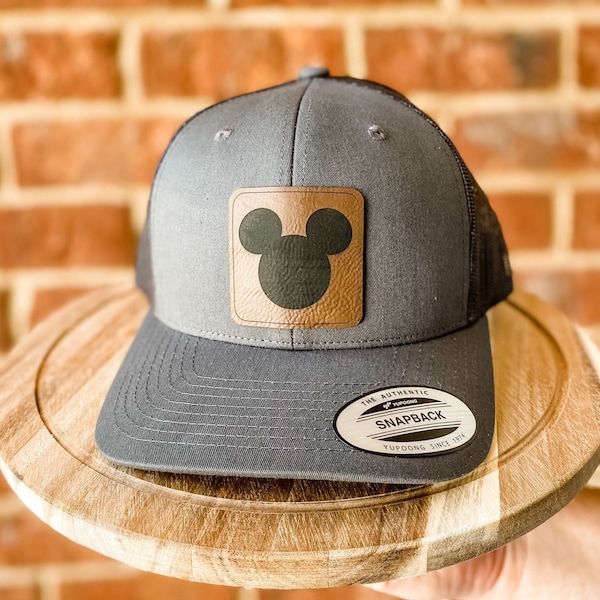Mickey Mouse Retro Trucker Patch Hat, Laser Engraved Leatherette