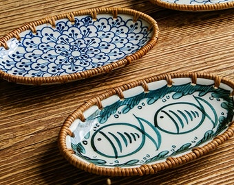 Handmade Ceramic and Rattan Decorative Tray, Handwoven Natural Rattan Basket, Housewarming Gifts, Ceramic Tray, Unique Home Accent, Plates