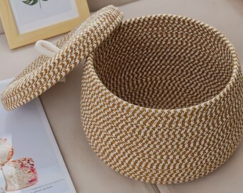 Handwoven Cotton Rope Basket With a Lid, Woven Storage Basket, Housewarming Gifts, Storage Basket, Luxurious Storage Rope Basket, Baskets