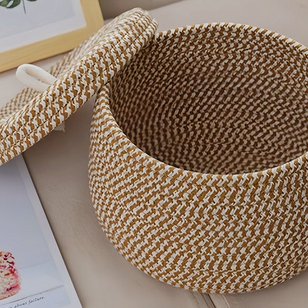 Handwoven Cotton Rope Basket With a Lid, Woven Storage Basket, Living Room Storage Basket, Storage Basket, Unique Storage  Basket, Baskets