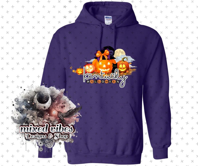 May include: Purple hoodie with a graphic of pumpkins and a black cat with the text "Kentucky Halloween".