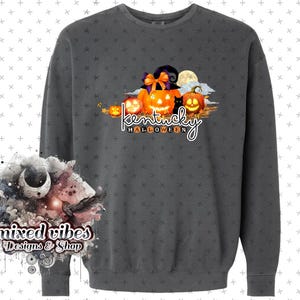 May include: A dark gray sweatshirt with a graphic print of pumpkins and a black cat. The text "Kentucky Halloween" is printed below the pumpkins.